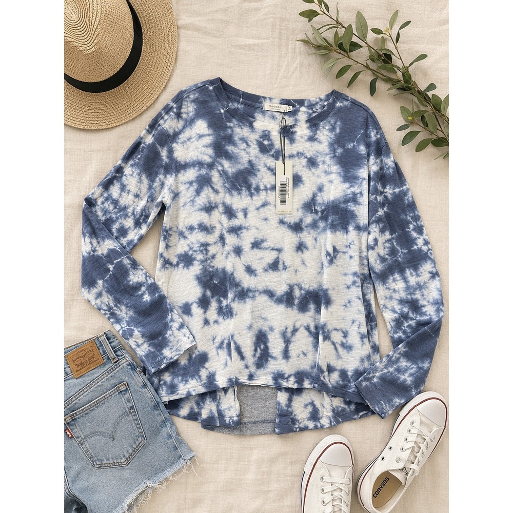 NWT Mododoc Long Sleeve Tie Dye Top Blue Lagoon Preppy Biker Soft Knit Women S